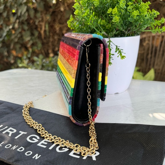 KURT GEIGER LONDON PARTY CLUTCH BAG new with dust bag rainbow paneled pe… - Picture 7 of 11